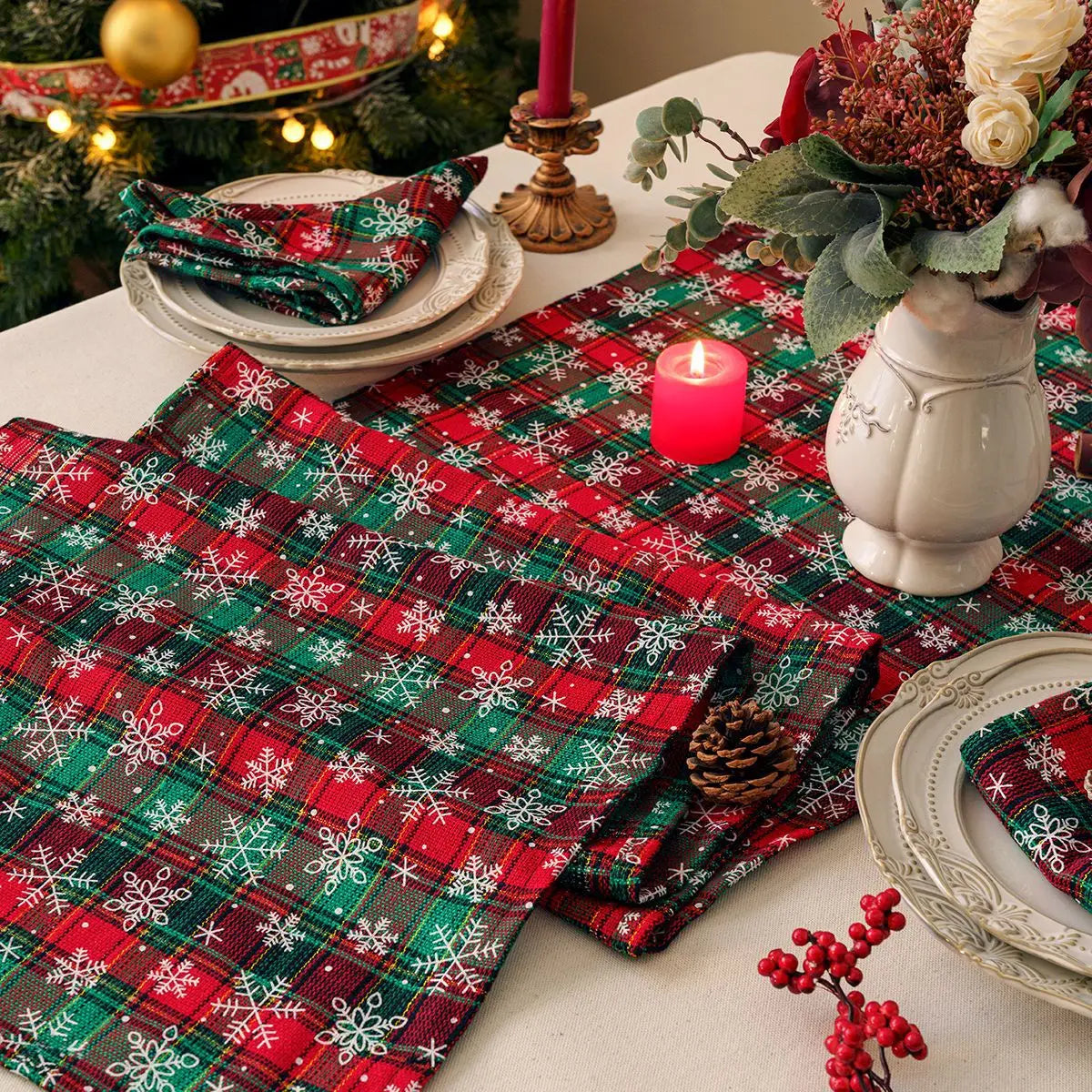 Christmas Table Decoration Runner Christmas Red Green Snowflake Checkered Table Runners Kitchen Living Room Dining Room Decor