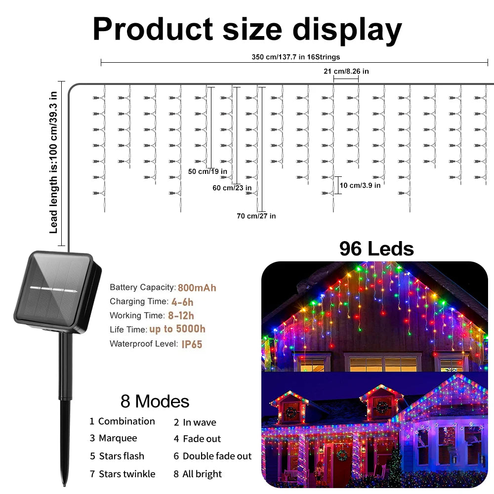 NEW Solar Christmas Icicle Lights 162/96 LED 8 Modes Waterproof Curtain String Lights for Outdoor Garden Room Holiday Lighting