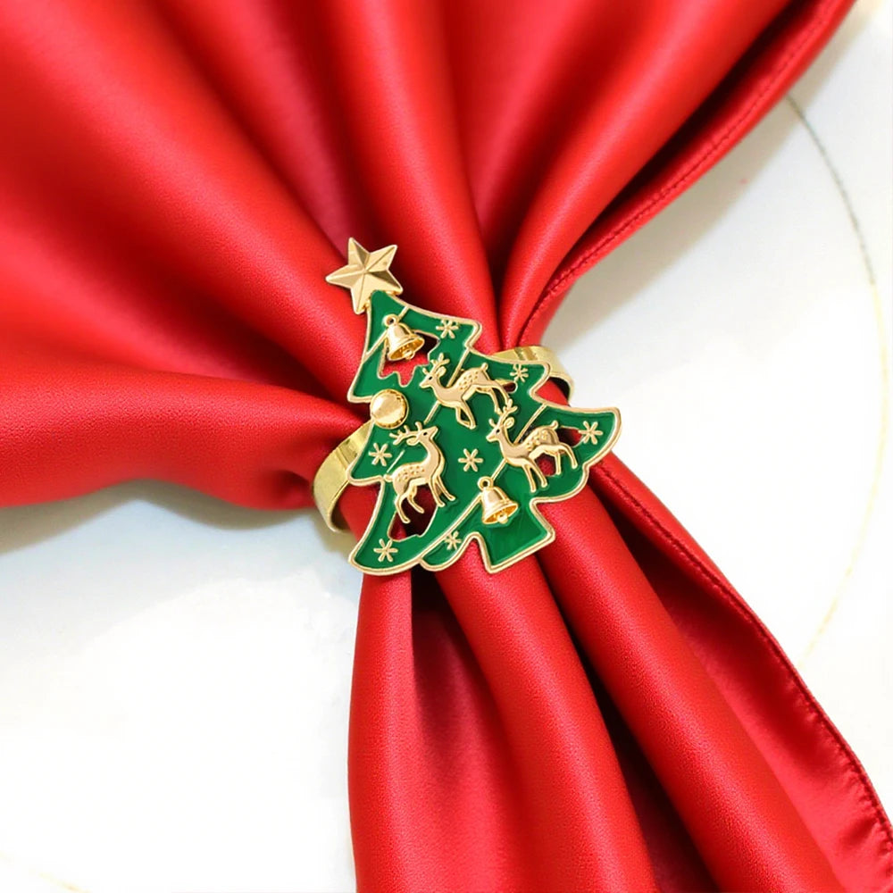 6Pcs Christmas Tree Napkin Rings with Deer Snowflake Bell ,Festive Table Decor for New Year Wedding Family Dinner Party Supplies