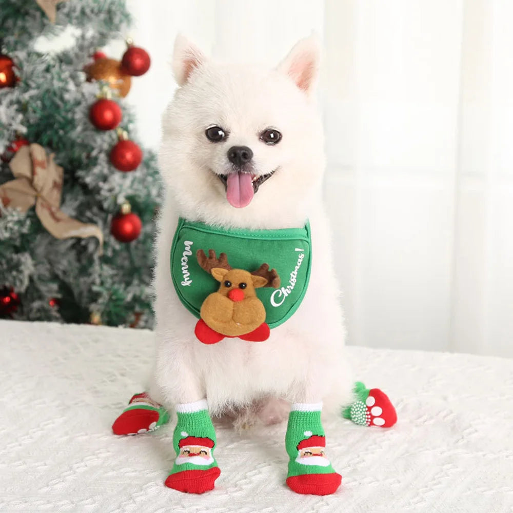 4pcs/set Winter Dog Socks Cute Pattern Foot Covers Warm Anti Slip Shoes Puppy Paw Protector Christmas Gift for Puppy Cat Dogs