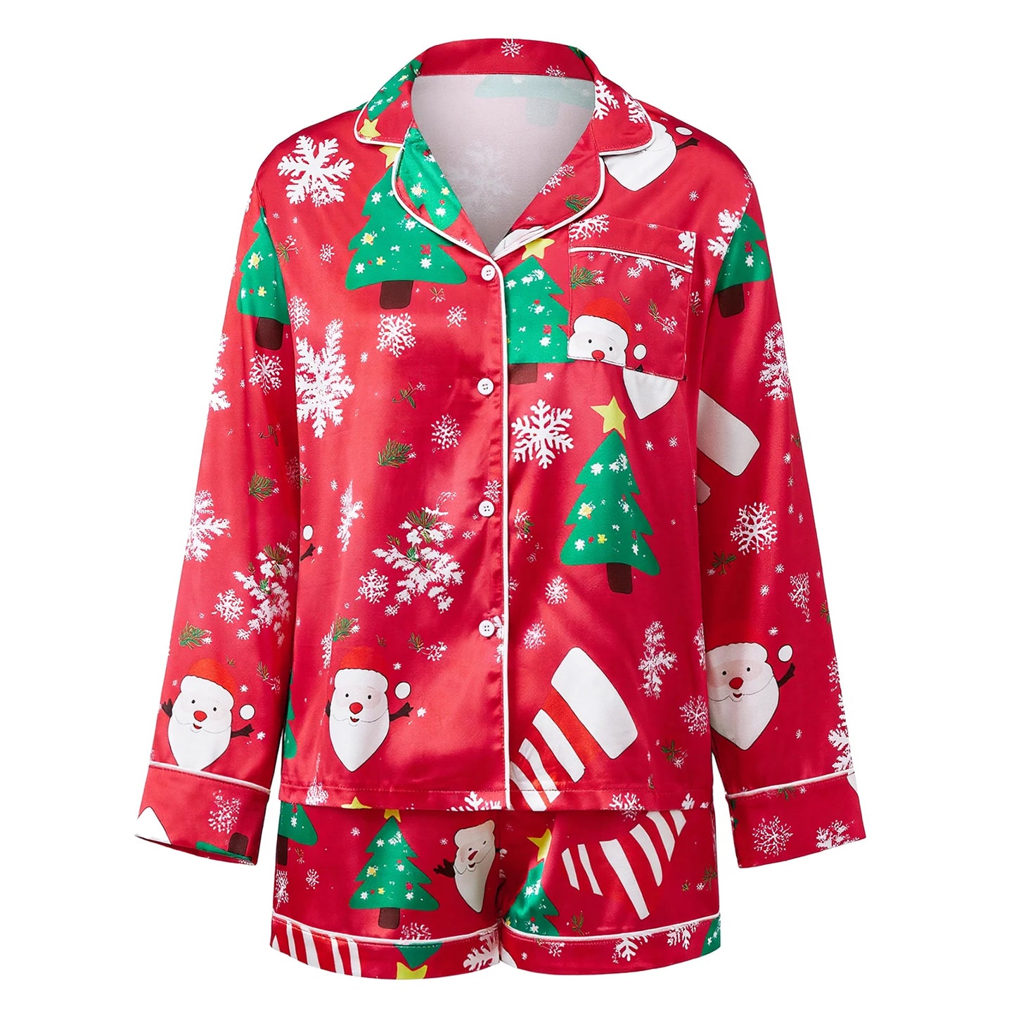 Women 2 Piece Christmas Pajama Set Printed Long Sleeve Button-up Tops and Elastic Waist Shorts
