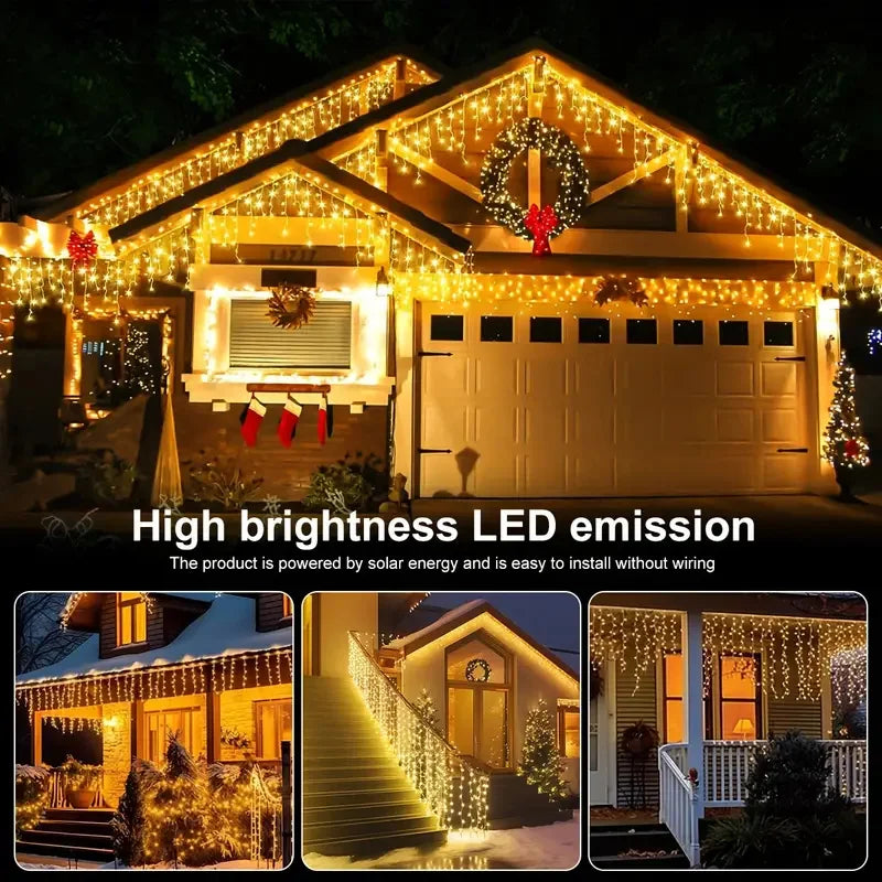 NEW Solar Christmas Icicle Lights 162/96 LED 8 Modes Waterproof Curtain String Lights for Outdoor Garden Room Holiday Lighting