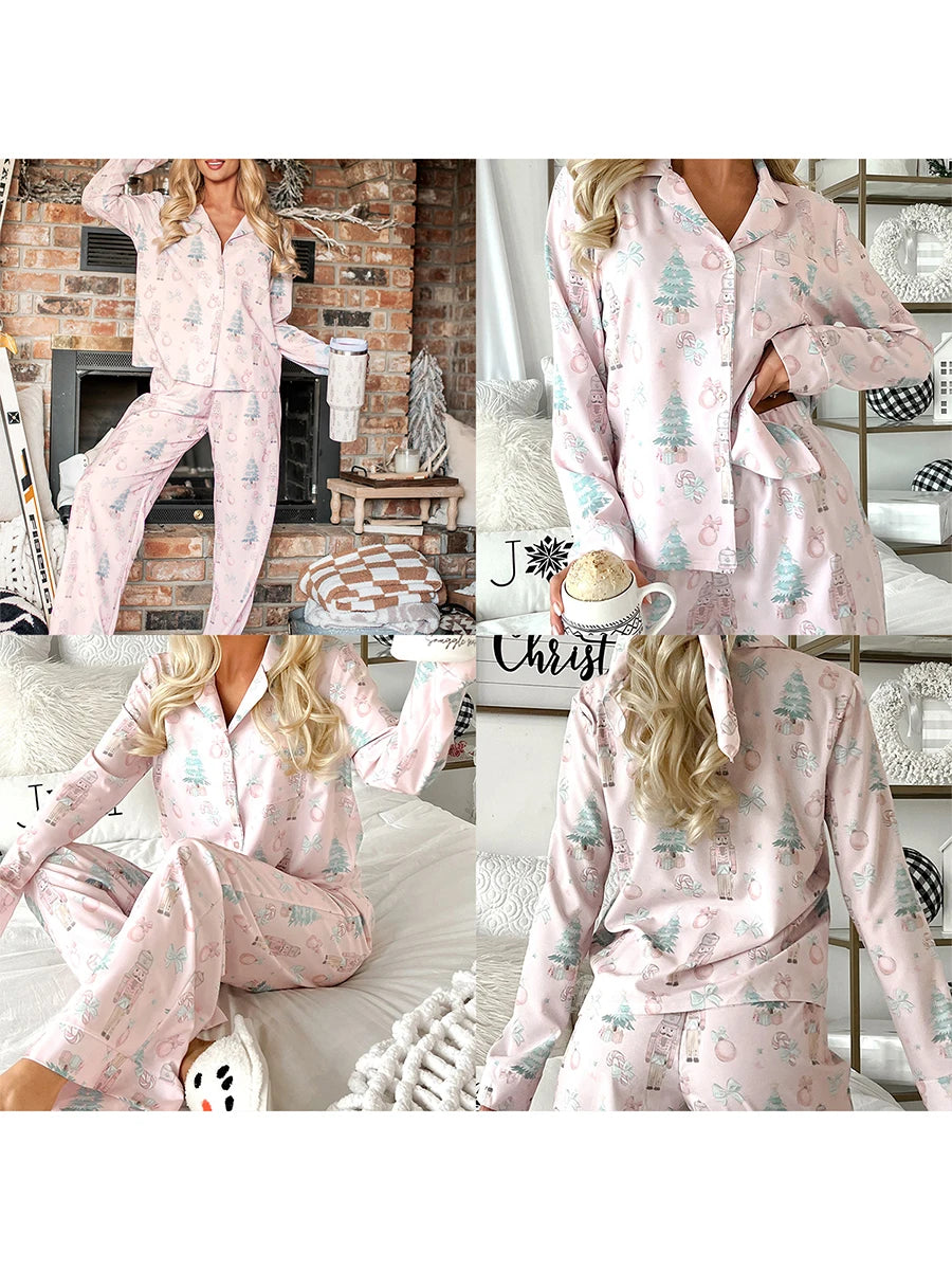 Womens Christmas 2Piece Pajamas Loungewear Set Santa/Tree/House Print Long Sleeve Tops+Elastic Pants Homewear Outfits