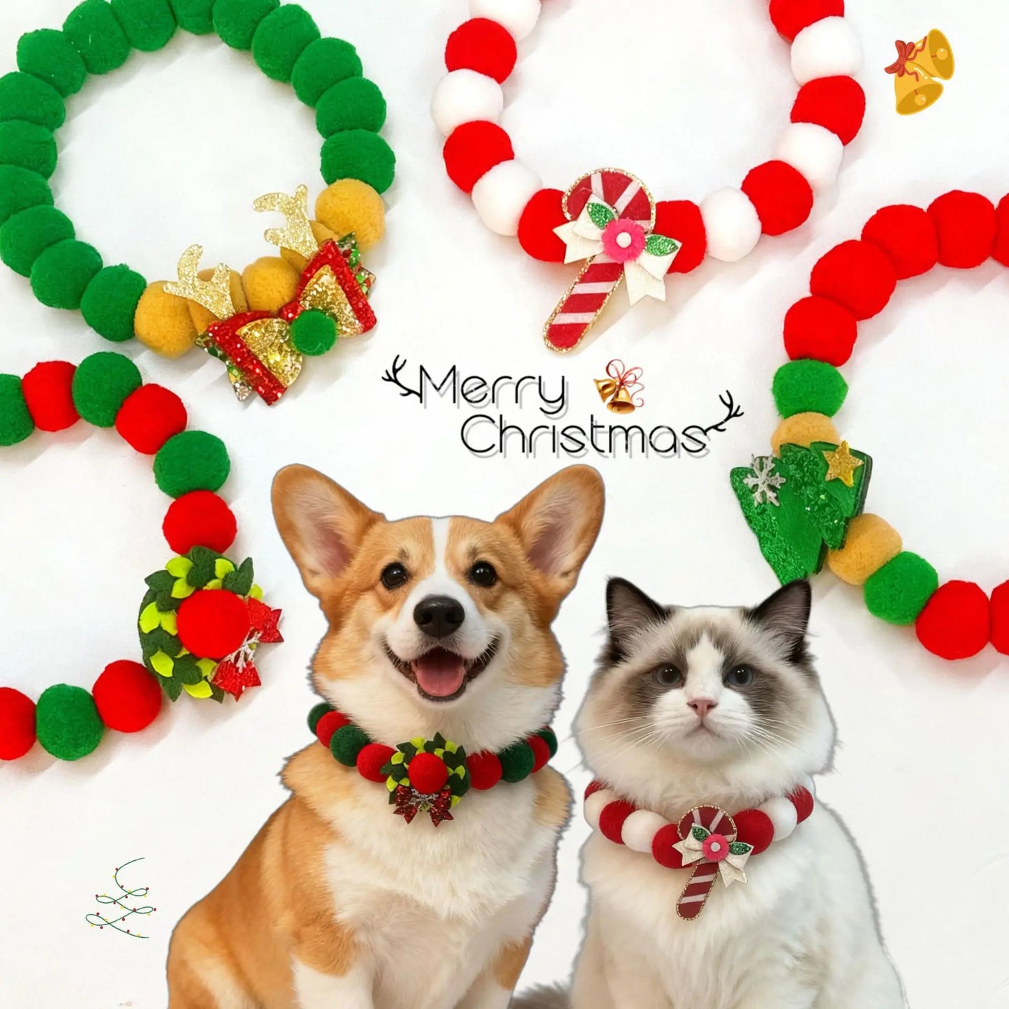 Christmas Pet Collar with Pom - Poms & Festive Charms Elastic Rope Festive Accessory for Dogs Cats Holiday Decoration