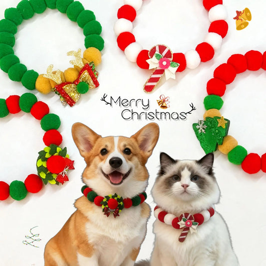 Christmas Pet Collar with Pom - Poms & Festive Charms Elastic Rope Festive Accessory for Dogs Cats Holiday Decoration
