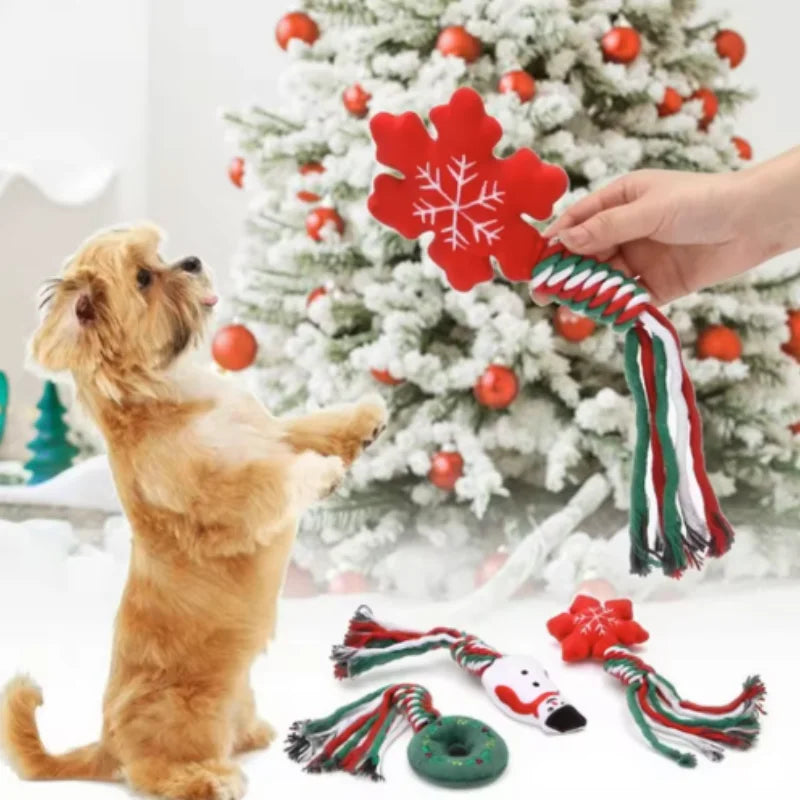 Pets Christmas Supplies Dog Squeakey Chew Toys Cotton Ropes Knot Molar Bite Toy Funny Cute Puppies Interactive Toy Xmas Gift