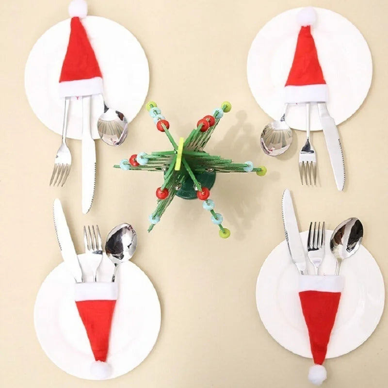 Christmas Decoration Tableware Holder Bag Christmas Hat Fork Knife Cutlery Bag Xmas Home Kitchen Decor Ornament Navidad New Year