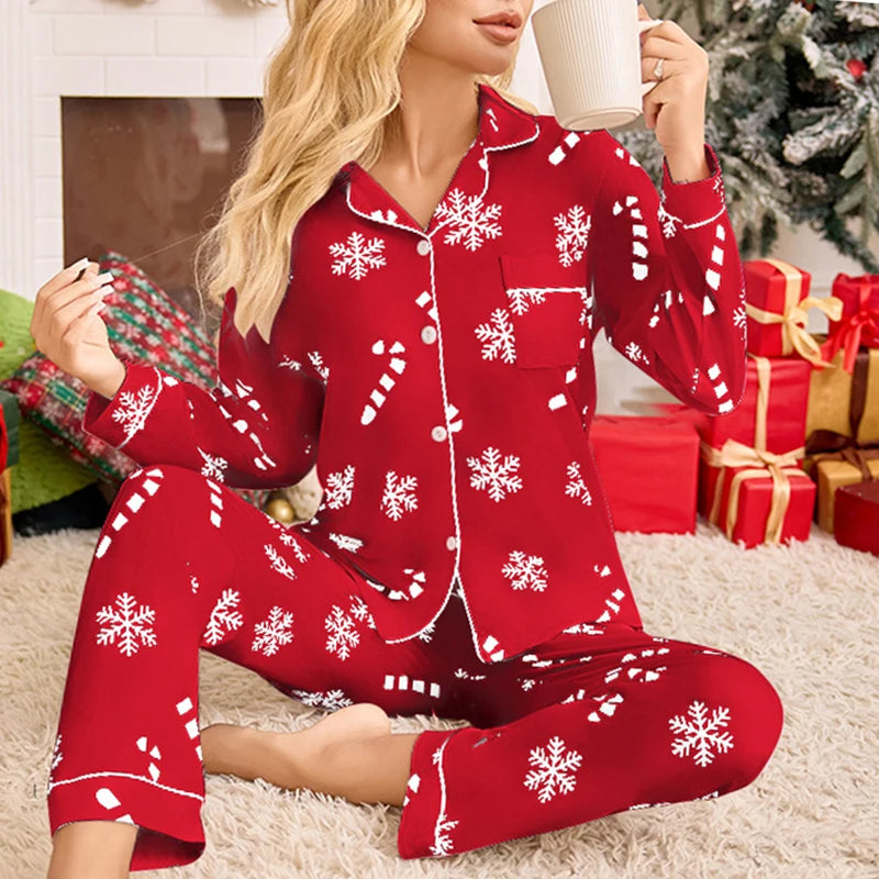 Meet'r New Year Christmas Long Sleeved Long Pants Home Clothes Underwear Snowflake print Pajamas Ladies' Comfortable Pajamas