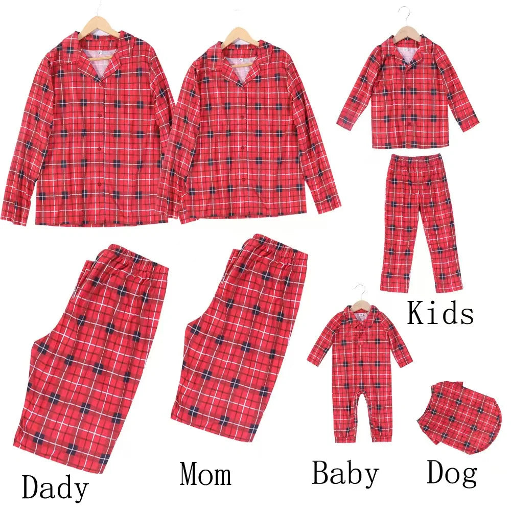 Christmas Pajama Set: Red checkered printed shirt + long pants 2-piece set, baby and dog jumpsuit for Christmas