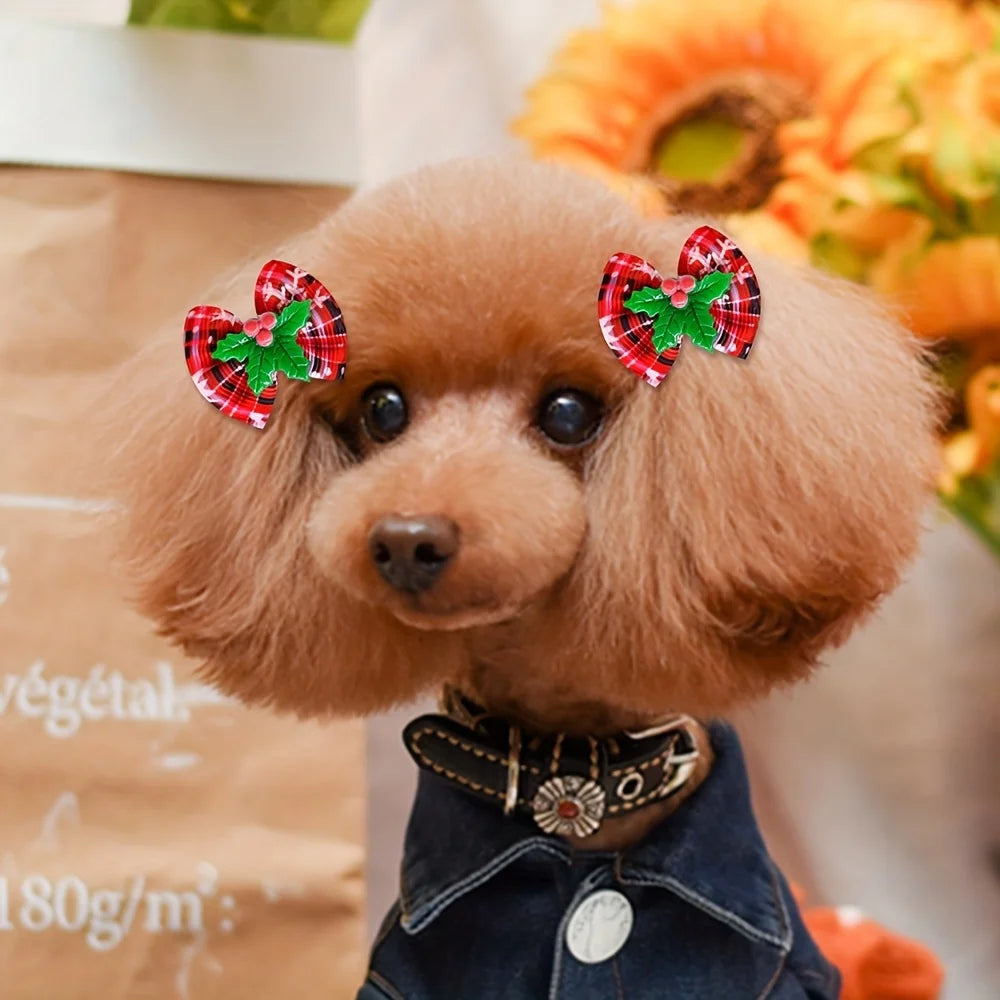 Christmas Pet Hair Bows, 5Pcs Random Style Dog Hair Clips with Santa Snowman Prints, Festive Pet Grooming ，Small Dog and cat