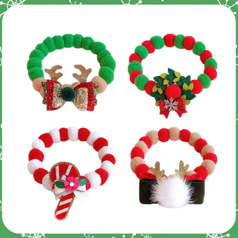 Christmas Pet Collar with Pom - Poms & Festive Charms Elastic Rope Festive Accessory for Dogs Cats Holiday Decoration