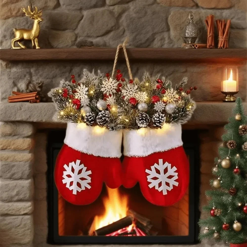 2025 Christmas Garland Creative Glove Shaped Simulated Flower Wreath Window Door Gate Decoration Door Sign Xmas Party Decoration