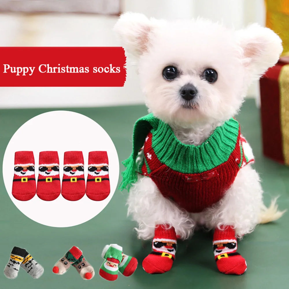 4pcs/set Winter Dog Socks Cute Pattern Foot Covers Warm Anti Slip Shoes Puppy Paw Protector Christmas Gift for Puppy Cat Dogs