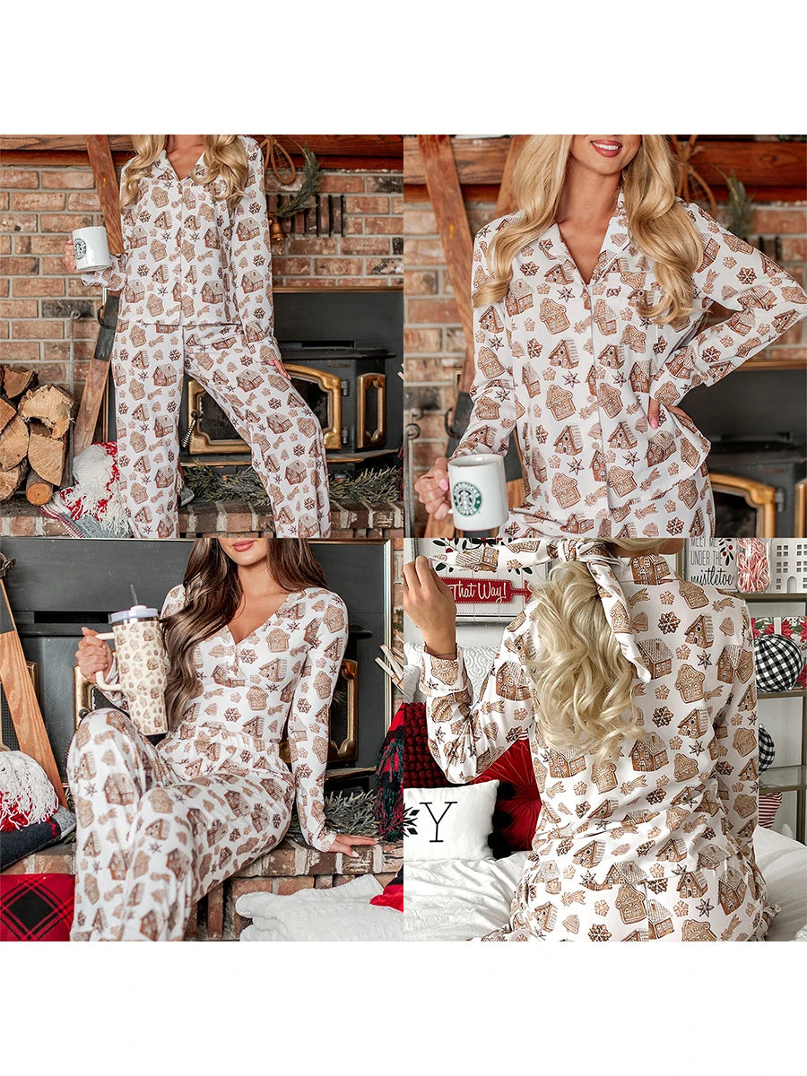 Womens Christmas 2Piece Pajamas Loungewear Set Santa/Tree/House Print Long Sleeve Tops+Elastic Pants Homewear Outfits
