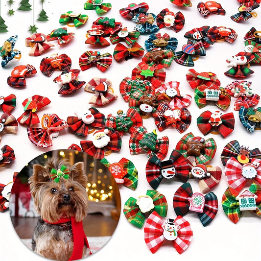 Christmas Pet Hair Bows, 5Pcs Random Style Dog Hair Clips with Santa Snowman Prints, Festive Pet Grooming ，Small Dog and cat