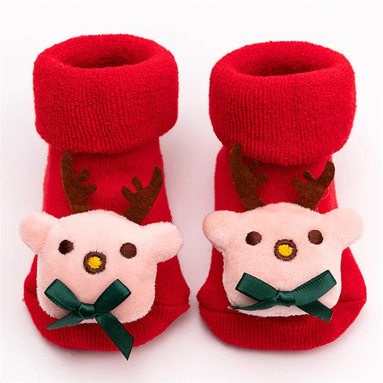 Baby Boys Girls Christmas Red Socks Spring Autumn Winter Anti Slip Cotton Soft Cartoon Floor Sock with Santa Claus Snowman Decor
