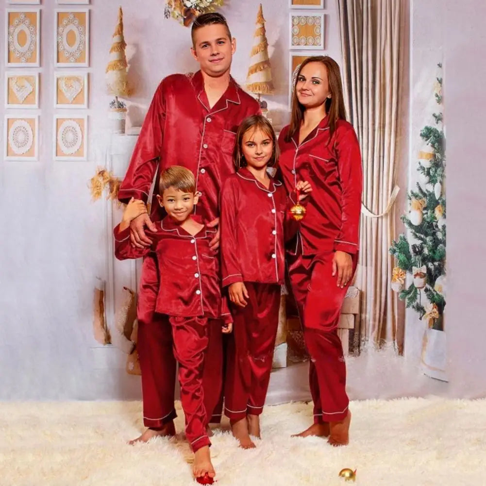 2 Pcs Christmas Pajamas Family Adults Kids Family Matching Outfits Look Solid Color Imitation Satin Silk Tops Pants Sleepwear