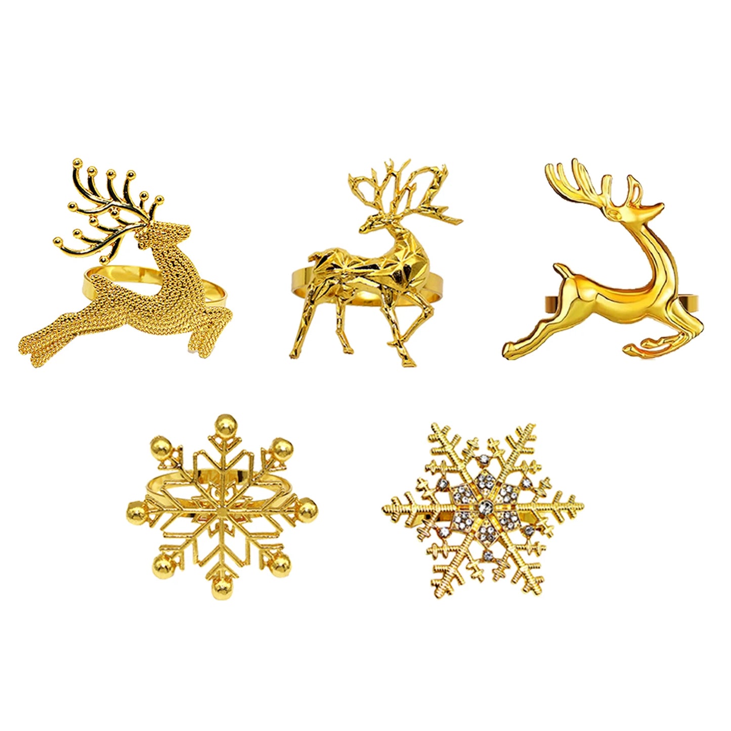 6Pcs Christmas Napkin Rings Gold Metal Snowflake Deer Serviette Buckle Xmas Tree Napkin Holder for Home Christmas Table Decor