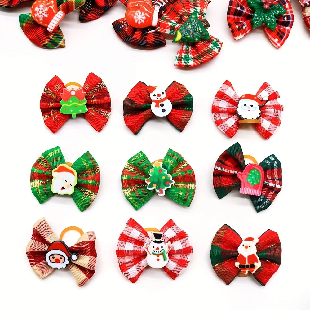 Christmas Pet Hair Bows, 5Pcs Random Style Dog Hair Clips with Santa Snowman Prints, Festive Pet Grooming ，Small Dog and cat