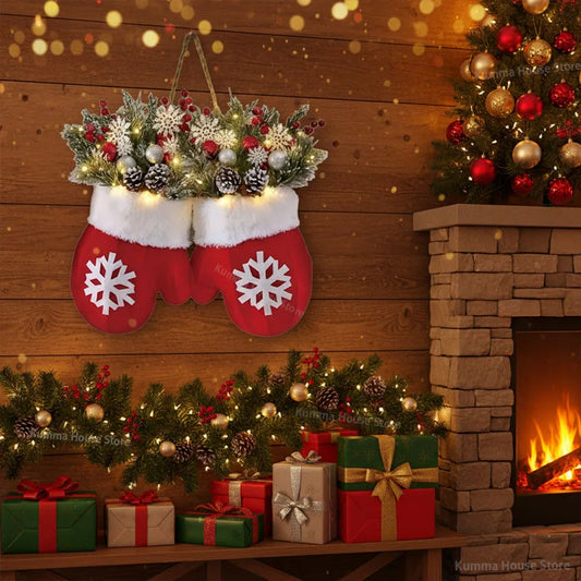 2025 Christmas Garland Creative Glove Shaped Simulated Flower Wreath Window Door Gate Decoration Door Sign Xmas Party Decoration