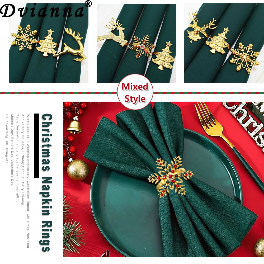 6Pcs Christmas Napkin Rings Gold Metal Snowflake Deer Serviette Buckle Xmas Tree Napkin Holder for Home Christmas Table Decor