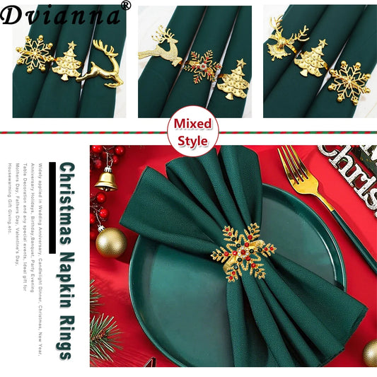 6Pcs Christmas Napkin Rings Gold Metal Snowflake Deer Serviette Buckle Xmas Tree Napkin Holder for Home Christmas Table Decor