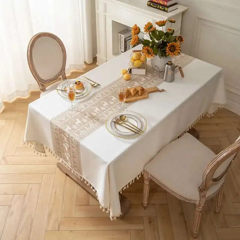 Christmas Deer Tablecloth Cotton Linen Fabric Dining Table Cloth Light Luxury High-end Rectangular Tablecloth Tassel Cover Cloth