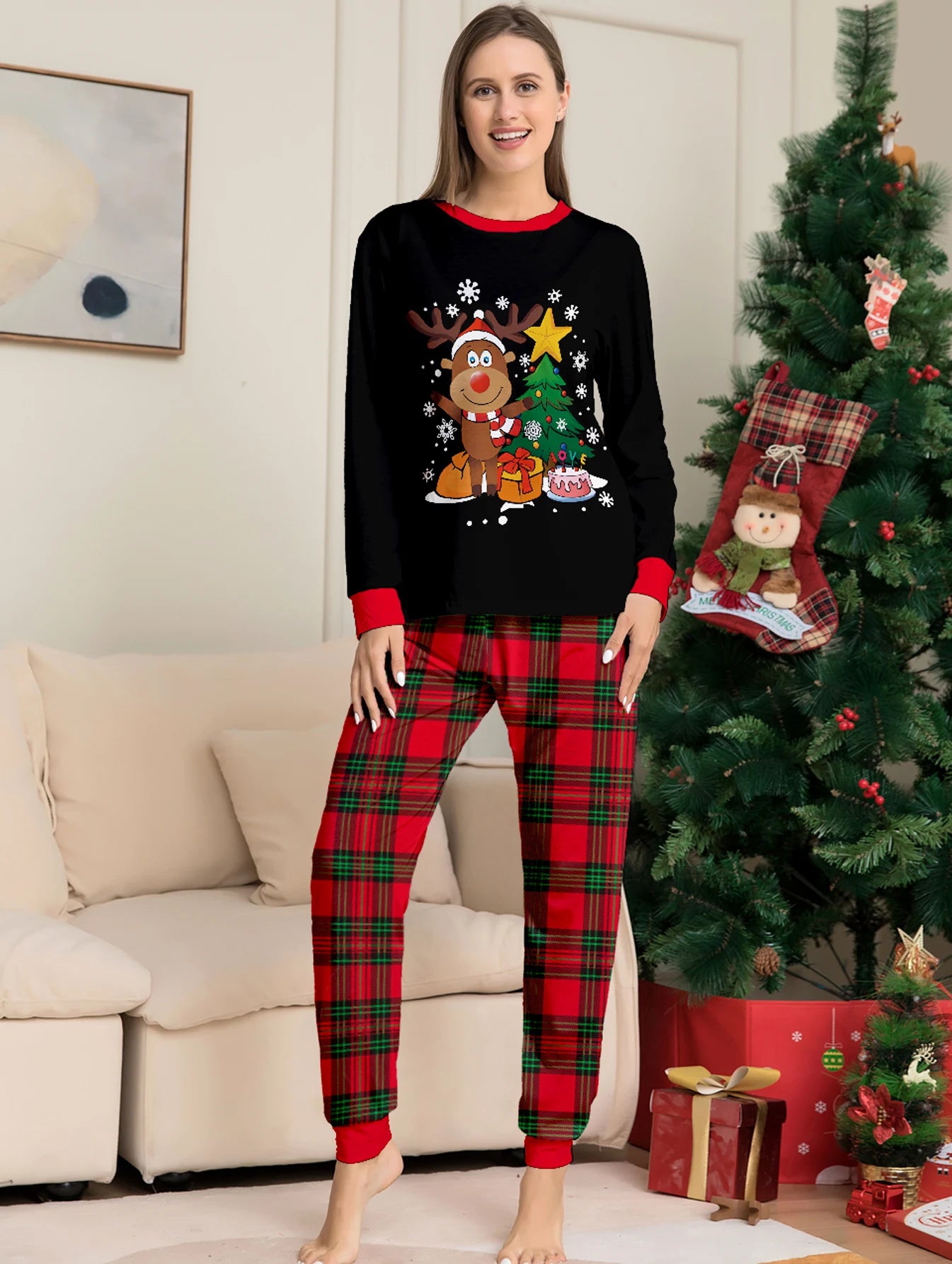 Christmas Couple Pajamas Set: Black Tops with Reindeer, Tree & Gift Print, Red - Green Plaid Pants