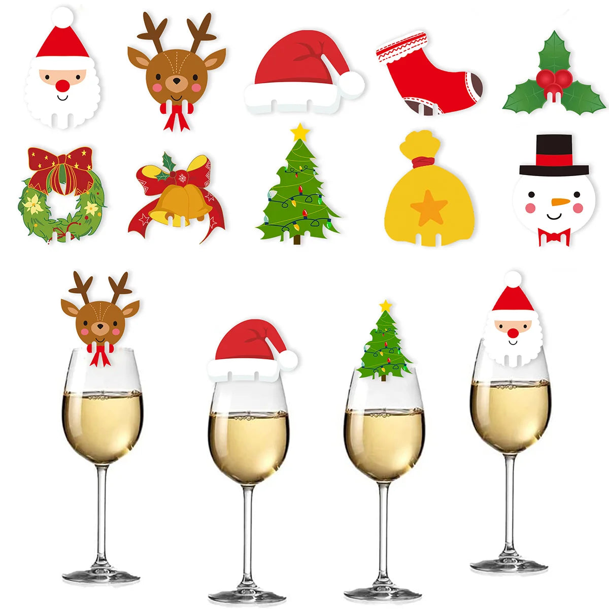 100pcs Wine Cup Card Christmas Decor Santa Hat elk  Xmas Tree Snowman Glass Cup Card table Home Decoration Christmas Accessories
