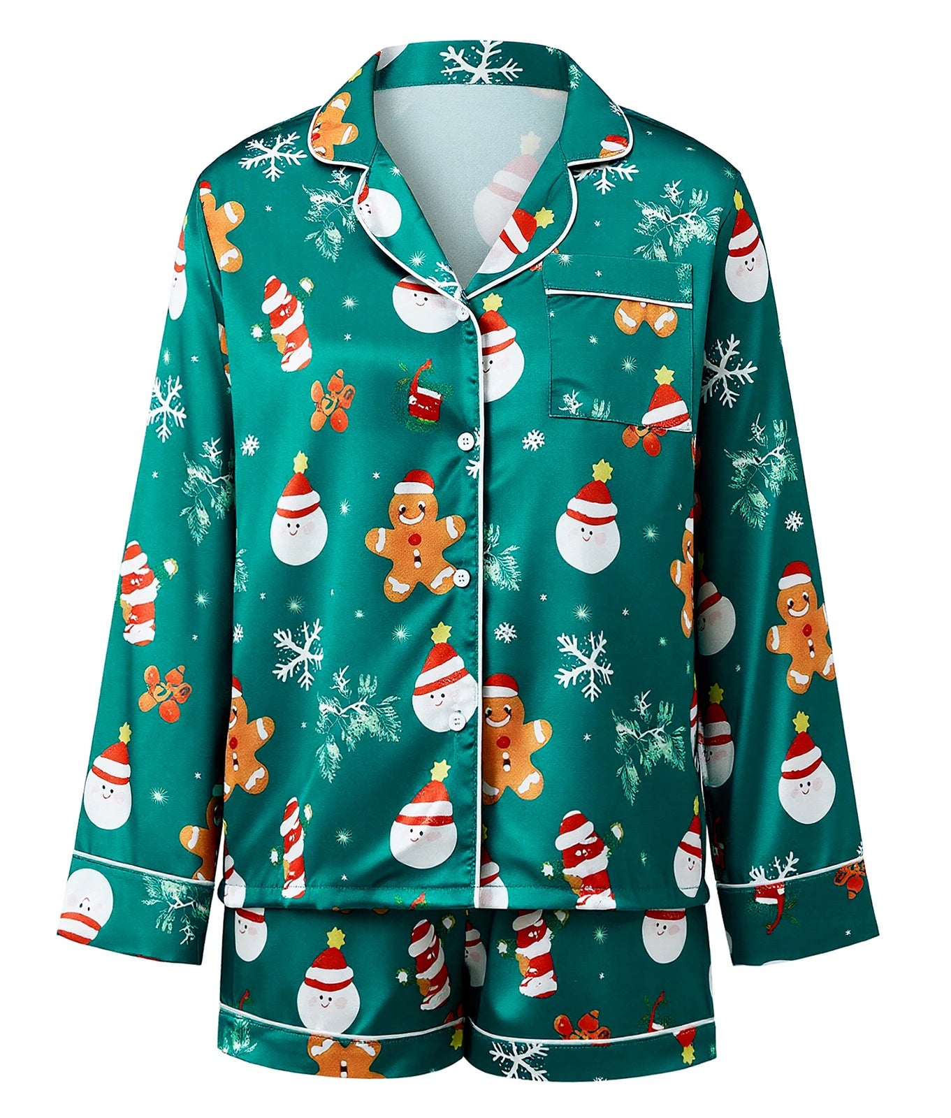 Women 2 Piece Christmas Pajama Set Printed Long Sleeve Button-up Tops and Elastic Waist Shorts