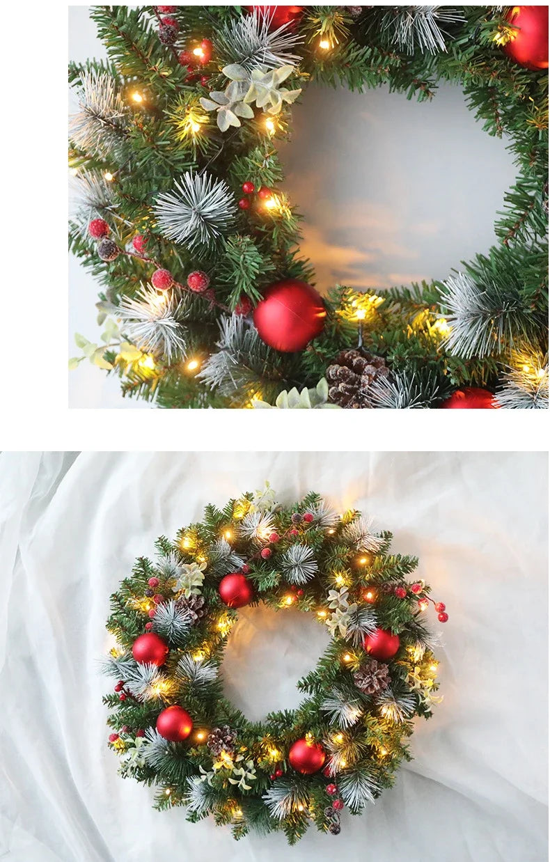 20-60cm Christmas Wreath with LED Fairy Light Door Hanging Garland Pine for Home Decorations Xmas Party Supplies Happy New Year
