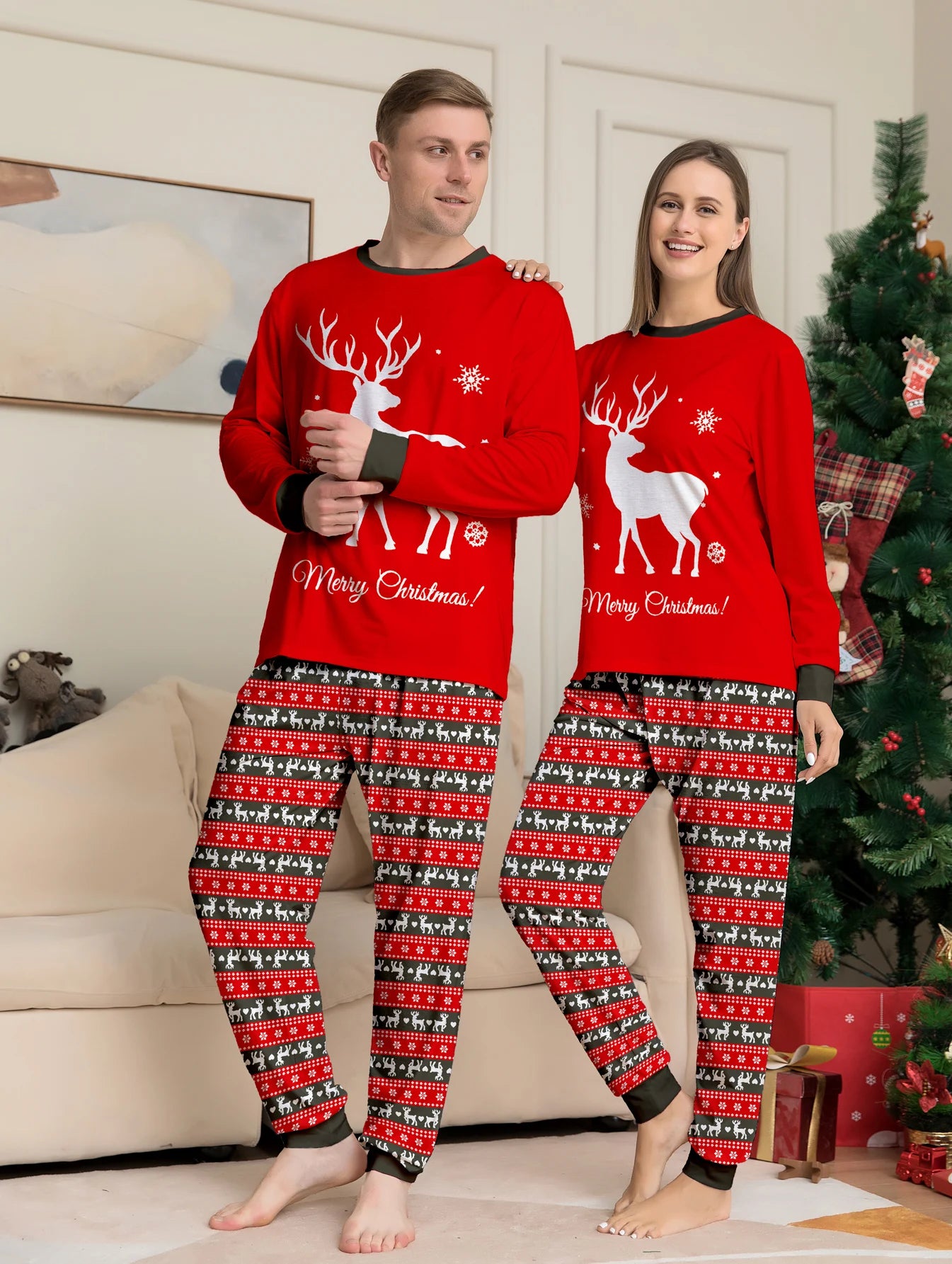 New Christmas Couple Pajamas Reindeer Merry Xmas Graphic Red Long Sleeve Set with Nordic Pattern Pants