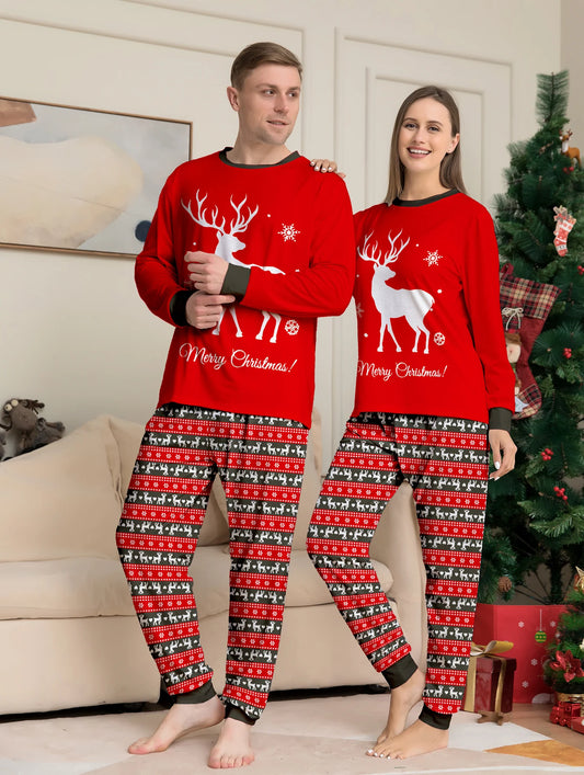 New Christmas Couple Pajamas Reindeer Merry Xmas Graphic Red Long Sleeve Set with Nordic Pattern Pants