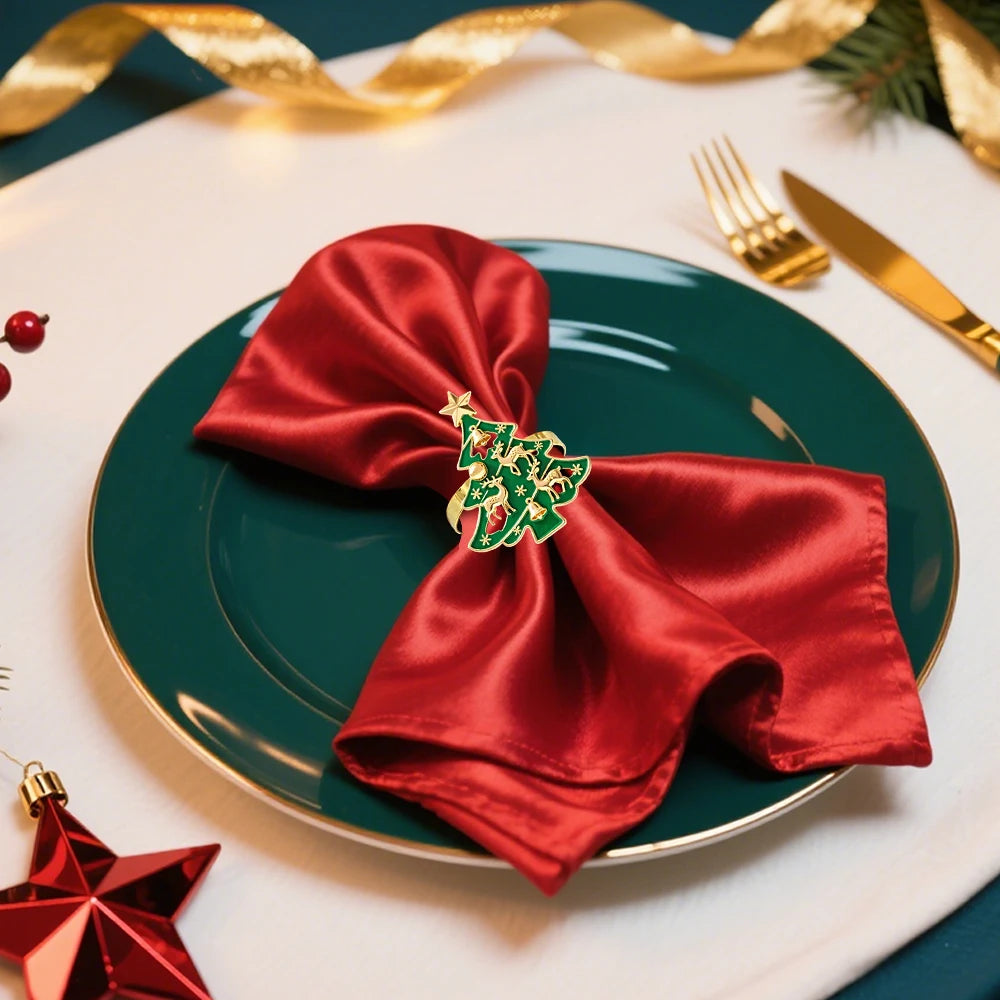6Pcs Christmas Tree Napkin Rings with Deer Snowflake Bell ,Festive Table Decor for New Year Wedding Family Dinner Party Supplies