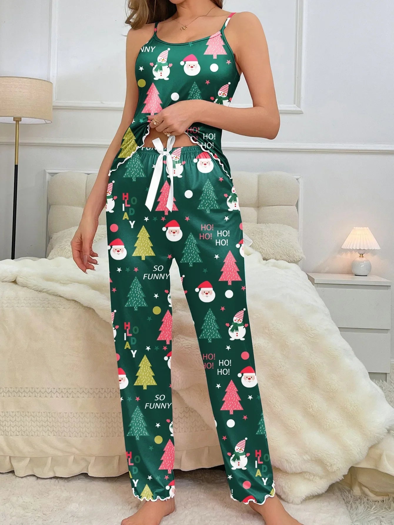 Women Christmas Pajamas Set Sleepwear Nightwear 2 Piece Santa Claus Snow Man Printed Crop Tops and Pants Sets Homewear
