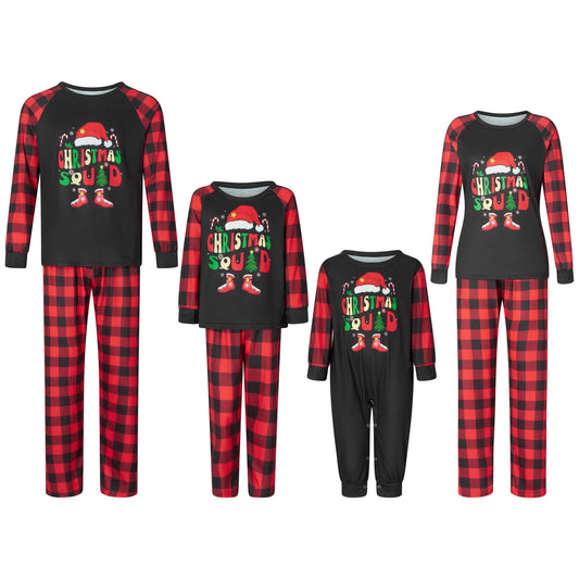 Christmas Family Pajamas – Long Sleeve Letter & Boots Top with Buffalo Plaid Pants