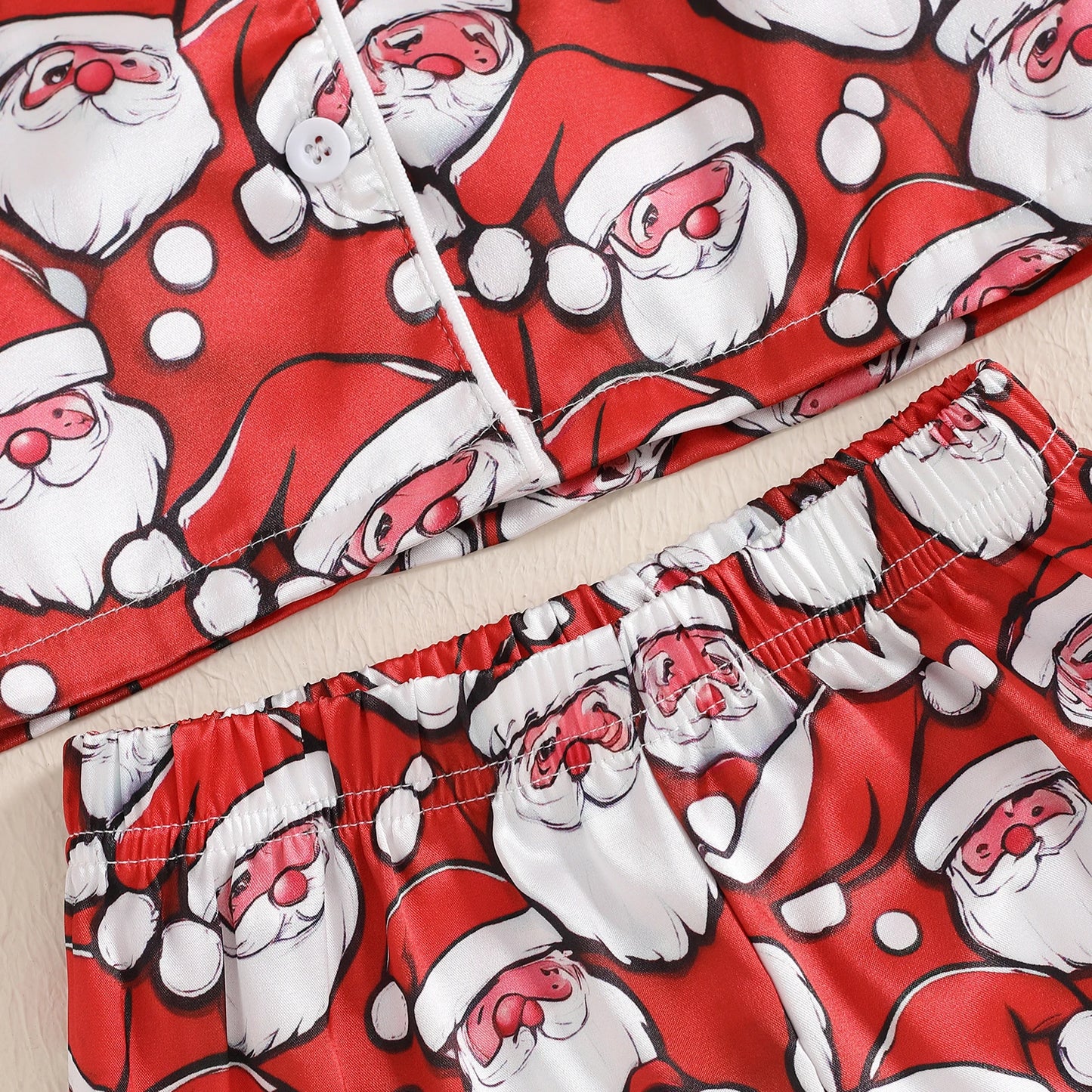 BeQeuewll Christmas Kids Girls Boys Pajamas Set Satin Santa Claus Button Children Sleepwear Long Sleeves Shirt Pants Loungewear