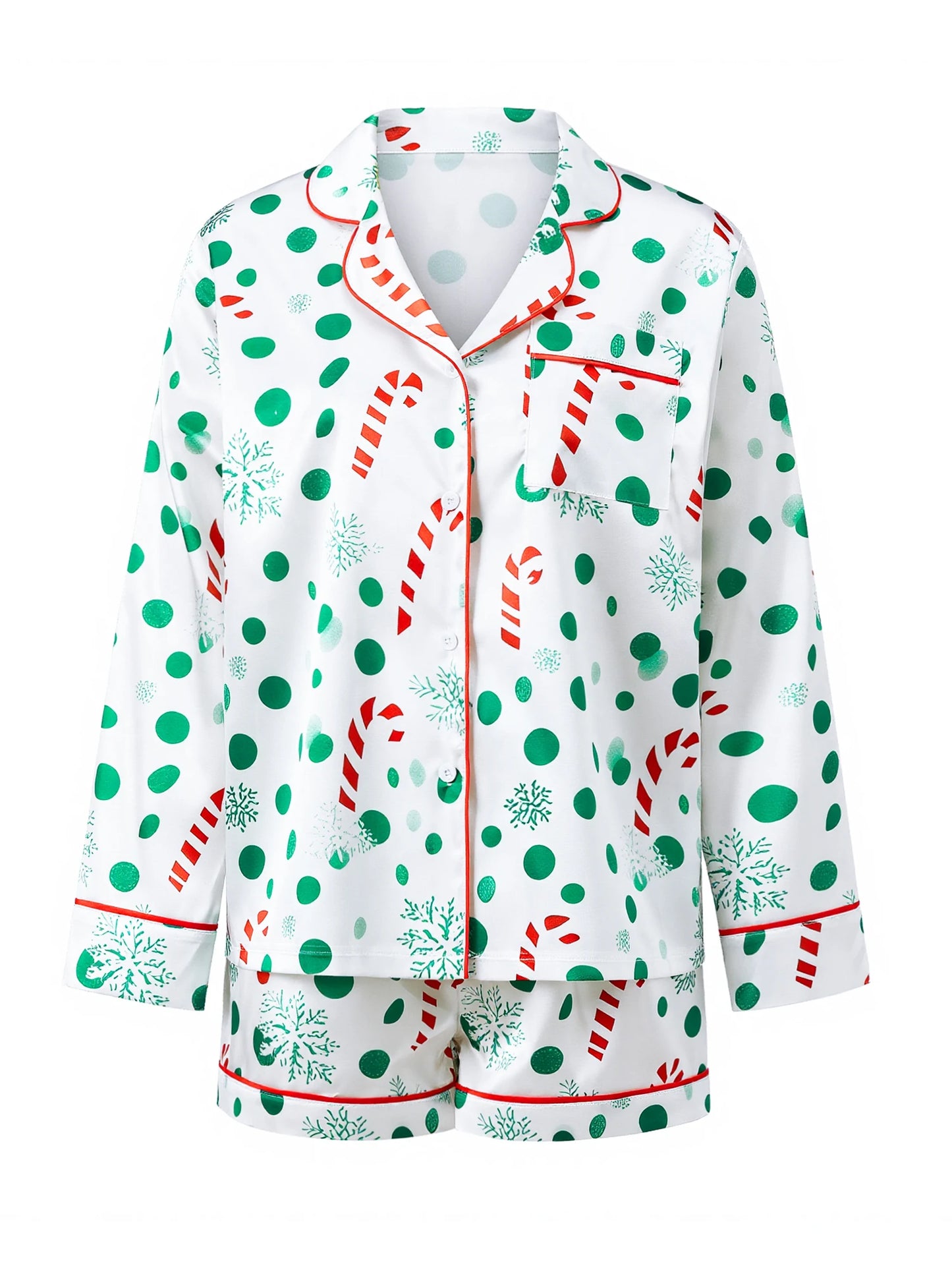 Women 2 Piece Christmas Pajama Set Printed Long Sleeve Button-up Tops and Elastic Waist Shorts