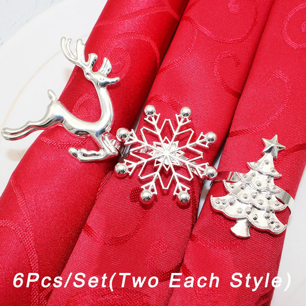 6Pcs Christmas Napkin Rings Gold Metal Snowflake Deer Serviette Buckle Xmas Tree Napkin Holder for Home Christmas Table Decor