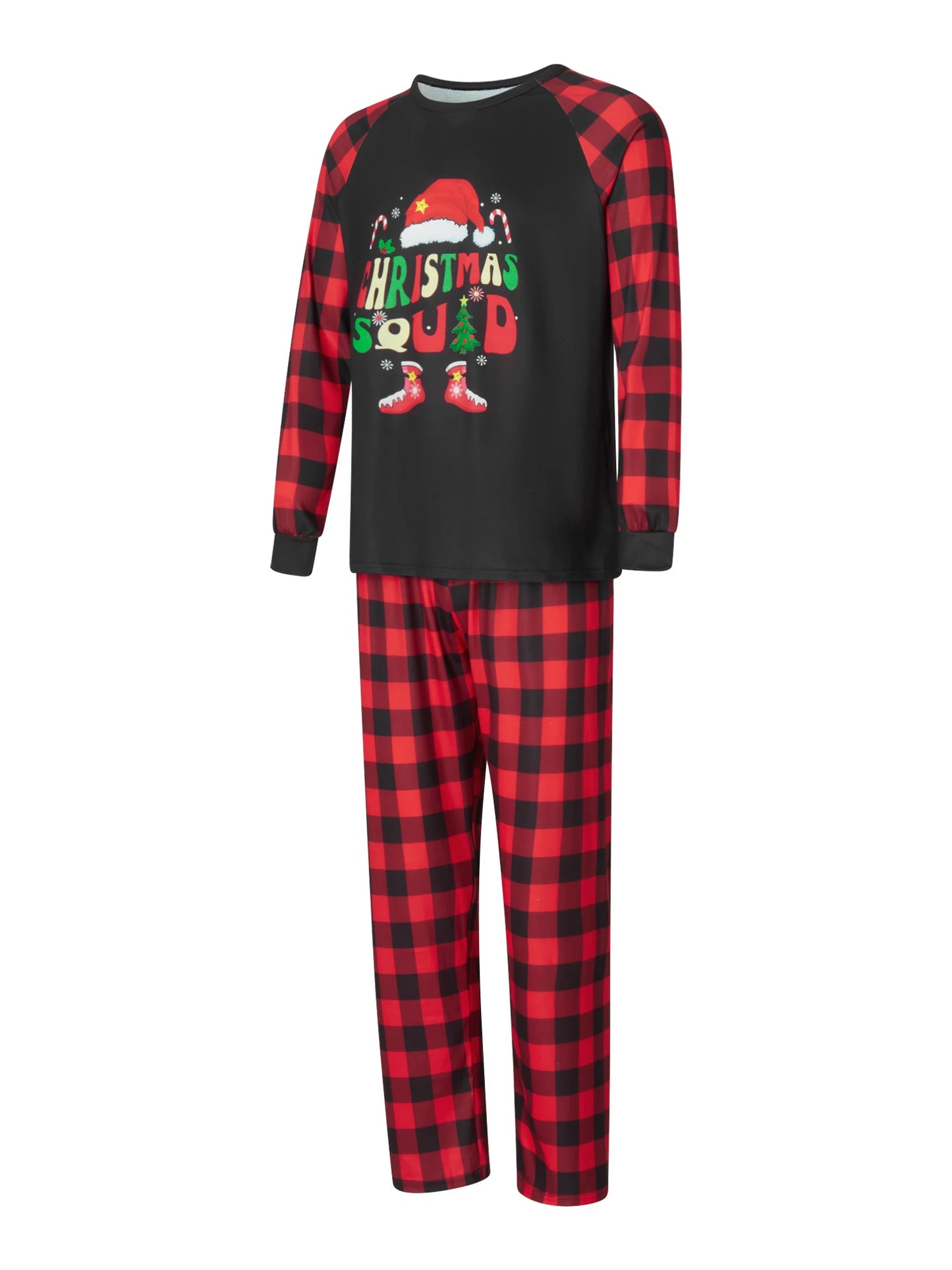 Christmas Family Pajamas – Long Sleeve Letter & Boots Top with Buffalo Plaid Pants