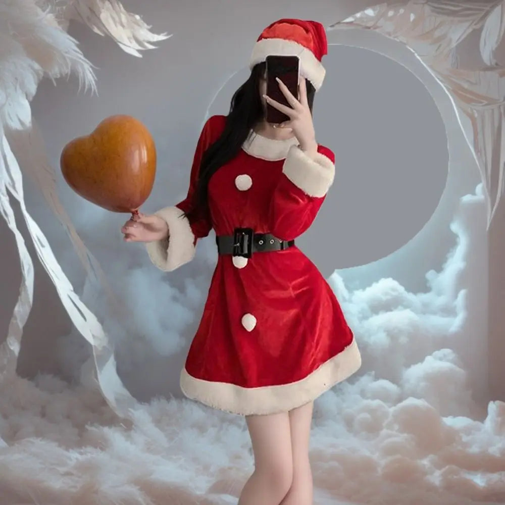 Comfortable Christmas Dress Women Pajamas New Year Red Dress Suit Sweet High Waist Long Sleeve Nightwear Girl