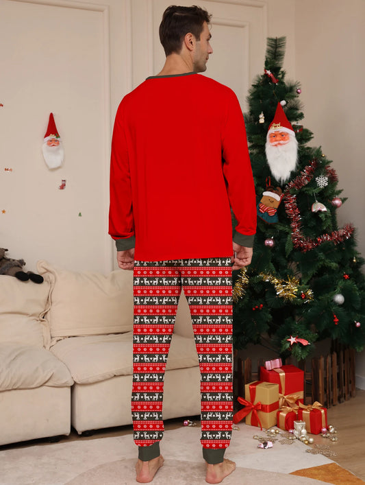 New Christmas Couple Pajamas Reindeer Merry Xmas Graphic Red Long Sleeve Set with Nordic Pattern Pants