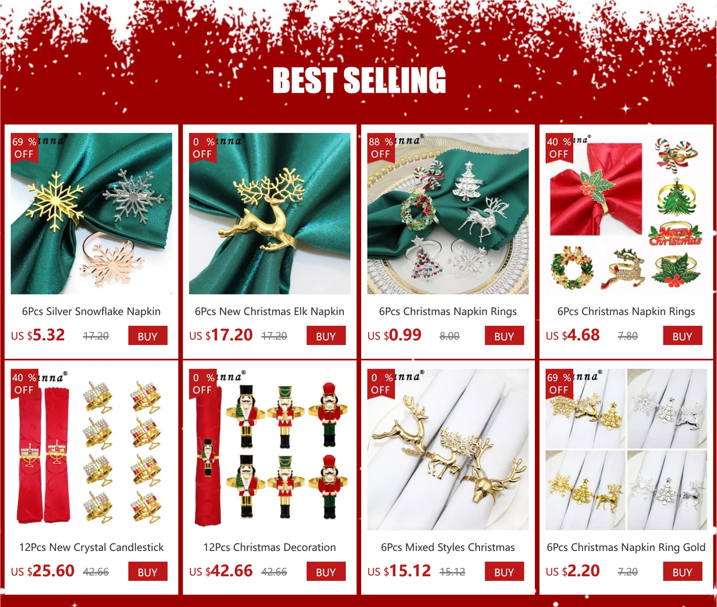 6Pcs Christmas Napkin Rings Gold Metal Snowflake Deer Serviette Buckle Xmas Tree Napkin Holder for Home Christmas Table Decor