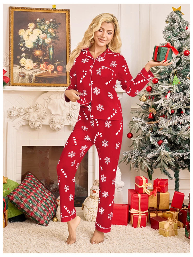 Meet'r New Year Christmas Long Sleeved Long Pants Home Clothes Underwear Snowflake print Pajamas Ladies' Comfortable Pajamas