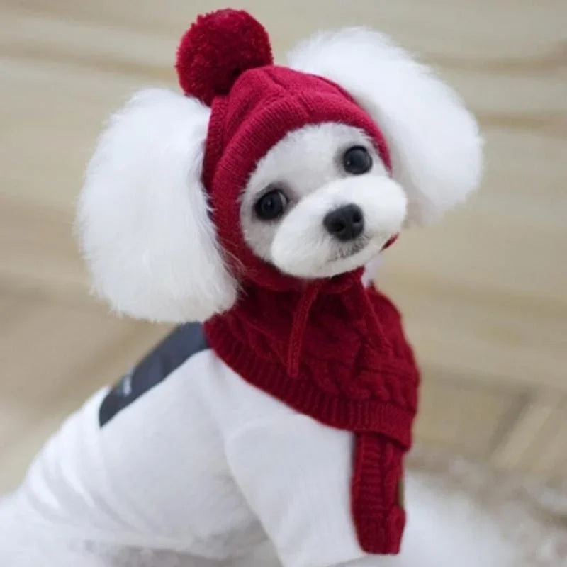 Hat for Dogs Winter Warm Stripes Knitted Hat+Scarf Collar Puppy Teddy Costume Christmas Clothes Santa Dog Costume