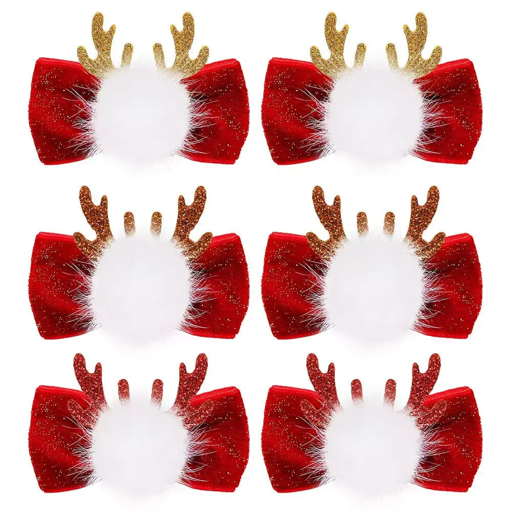 2/6PCS Cute Winter Dog Bows with Metal Clip Antlers Red Velvet Bow Dog Hairpins Handmade Cat Puppy Bow for Christmas Accesso