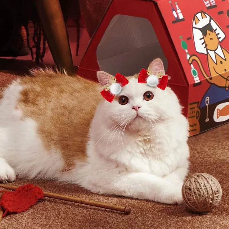 2/6PCS Cute Winter Dog Bows with Metal Clip Antlers Red Velvet Bow Dog Hairpins Handmade Cat Puppy Bow for Christmas Accesso