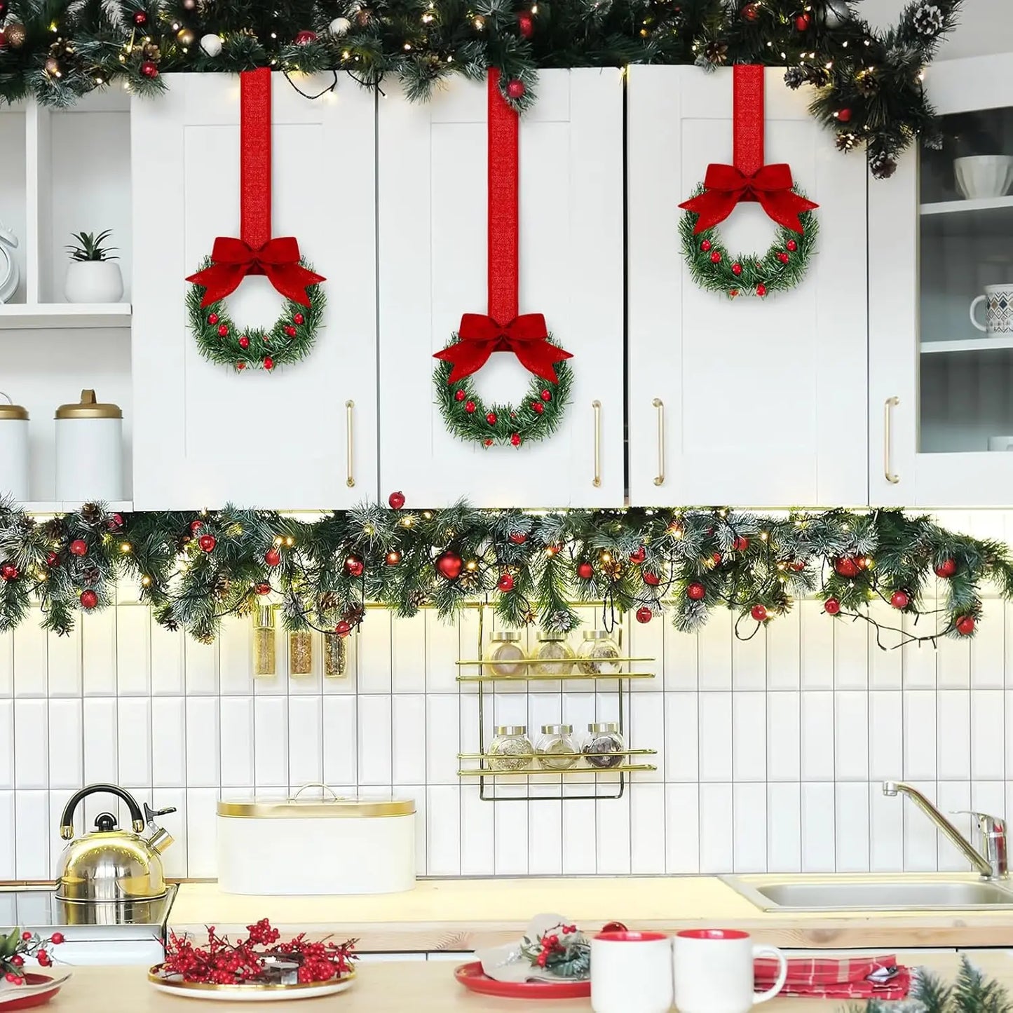 Christmas Kitchen Cabinet Wreaths with Ribbon 3.94 Inch Mini Christmas Wreath Small Kitchen Xmas Decor for Window Door(Red）