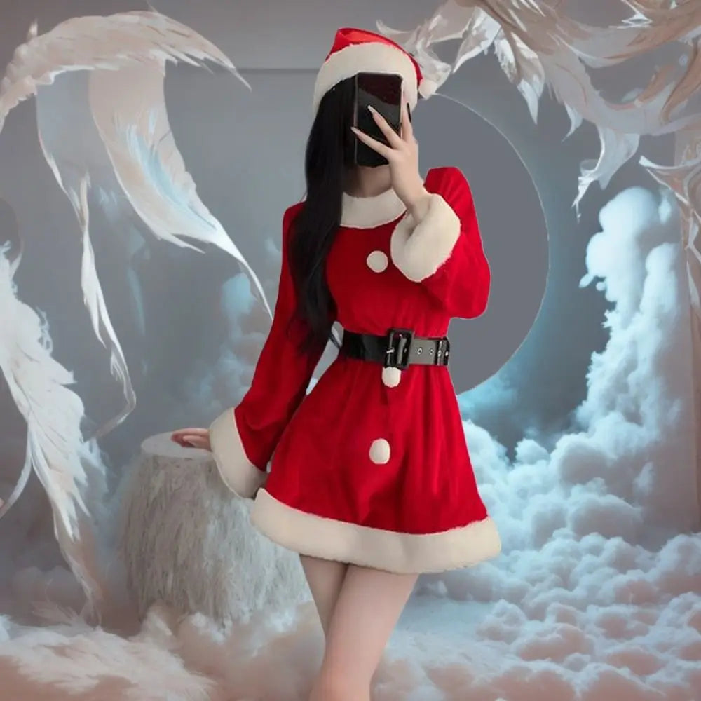 Comfortable Christmas Dress Women Pajamas New Year Red Dress Suit Sweet High Waist Long Sleeve Nightwear Girl