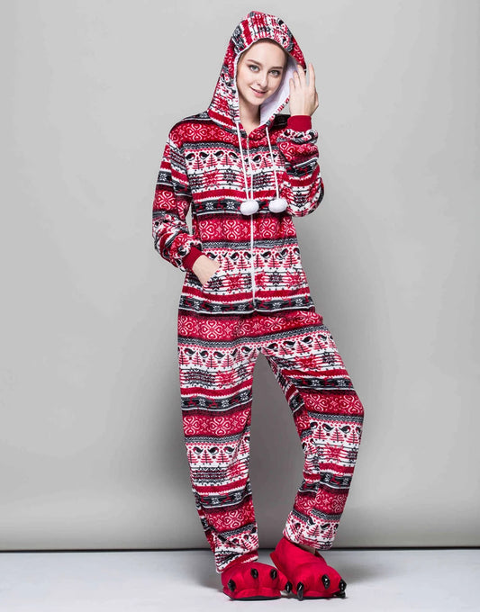 Christmas Adult One-piece Pajamas for Women Zip Up Prints Hooded Onesies Costume Men’s and Women’s Matching Holiday Jumpsuits